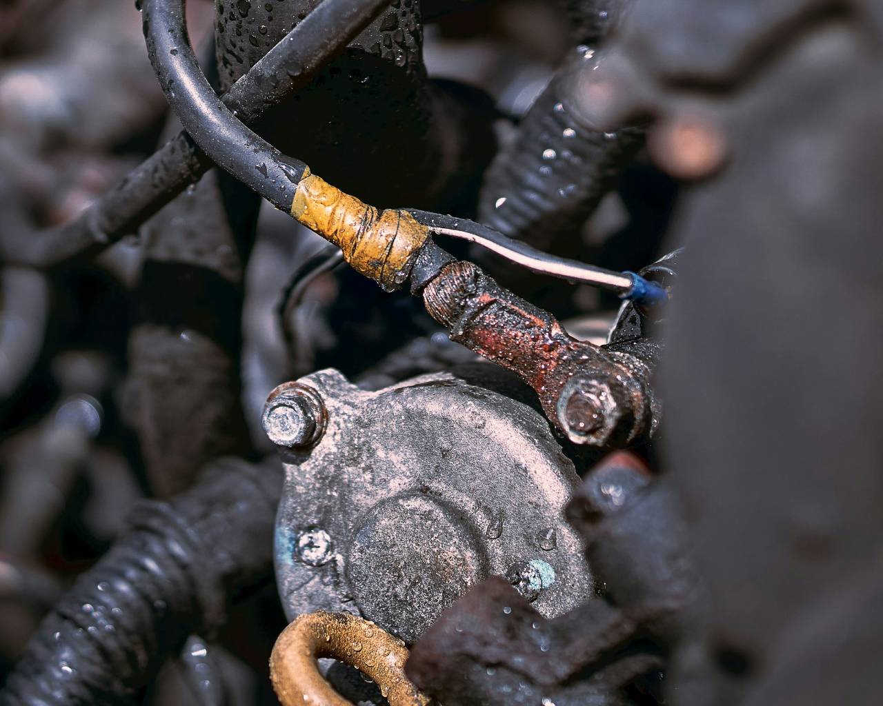 Close-up of corroded semi truck battery terminals and wiring during an electrical inspection